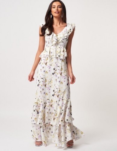 FOREVER UNIQUE White And Green Floral Cape Sleeved Ruffle Maxi Dress / long romantic summer event dresses - flipped