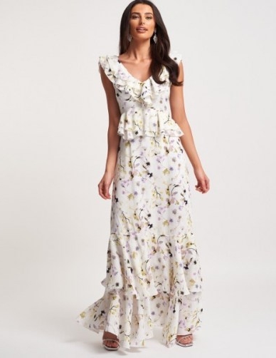 FOREVER UNIQUE White And Green Floral Cape Sleeved Ruffle Maxi Dress / long romantic summer event dresses