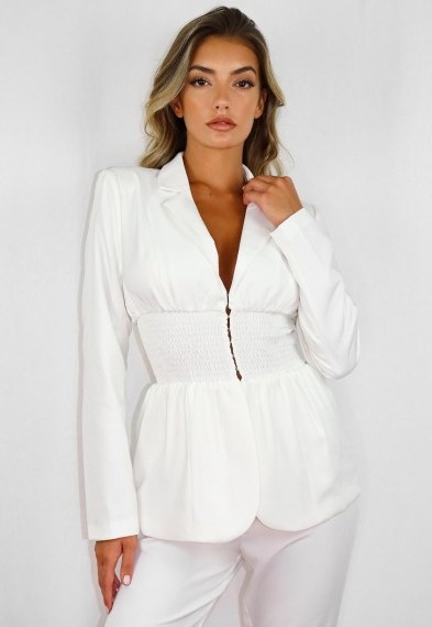 missguided white co ord shirred waist blazer – going out jackets - flipped