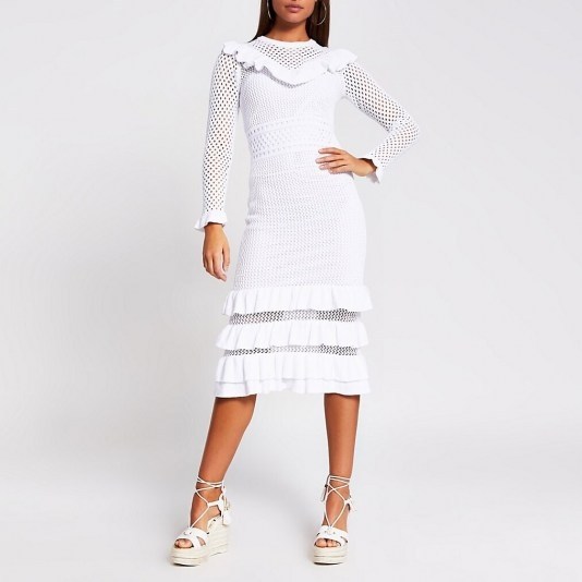 River Island White crochet ruffle midi dress – semi sheer panel dresses - flipped