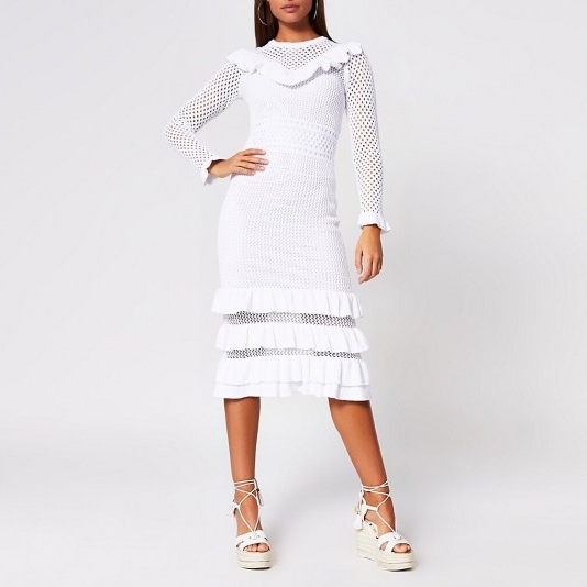 River Island White crochet ruffle midi dress – semi sheer panel dresses