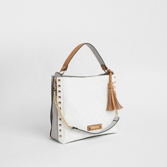 RIVER ISLAND White embossed slouch bag / branded colourblock handbag - flipped