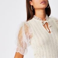 River Island White floral organza sheer sleeve top – frill trimmed puffed sleeves