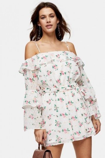 TOPSHOP White Floral Print Bardot Playsuit / strappy cold shoulder tie-back playsuits - flipped
