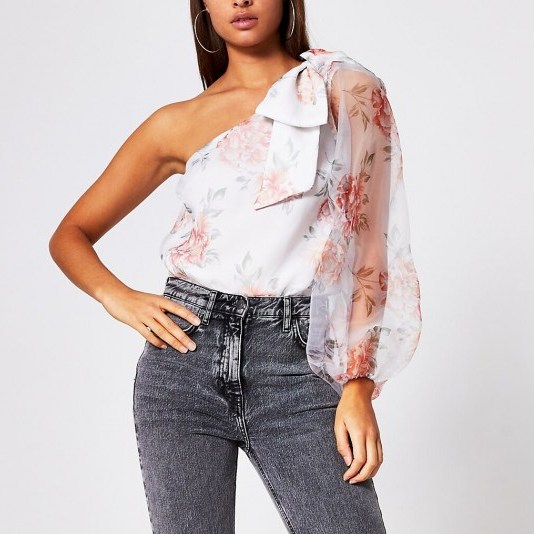 River Island White floral print one shoulder organza top | sheer sleeve tops - flipped
