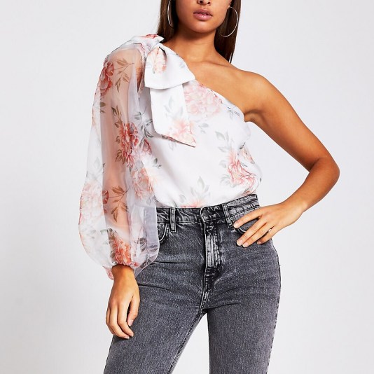 River Island White floral print one shoulder organza top | sheer sleeve tops