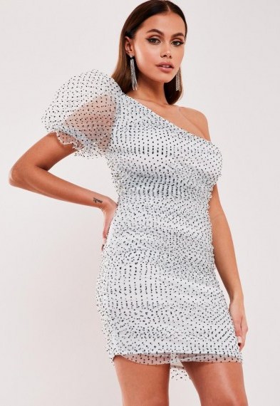 Missguided white organza polka dot one shoulder mini dress ~ evening puff sleeve bodycon - flipped