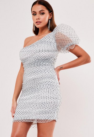Missguided white organza polka dot one shoulder mini dress ~ evening puff sleeve bodycon