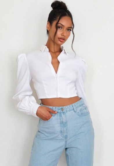Missguided white poplin puff sleeve cropped shirt - flipped