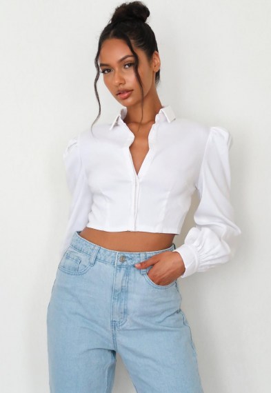 Missguided white poplin puff sleeve cropped shirt