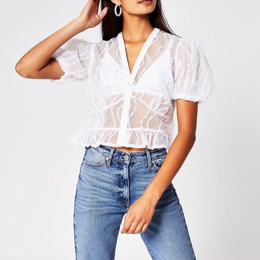 River Island White sheer embellished shirt | see-through puff sleeve blouse - flipped