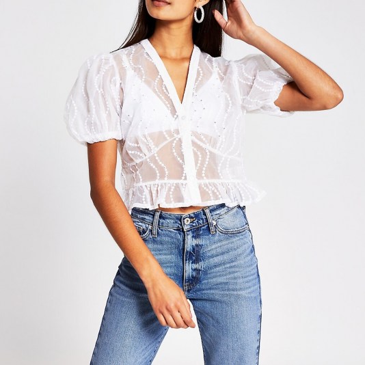 River Island White sheer embellished shirt | see-through puff sleeve blouse