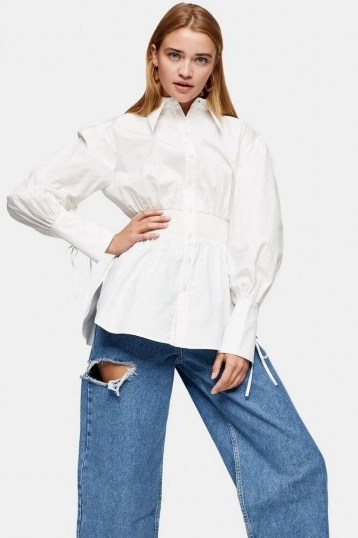 Topshop White Sheering Corset Shirt | waist detail shirts - flipped