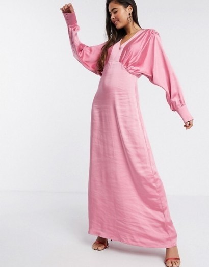 Y.A.S satin maxi dress with empire line and volume sleeve in pink / fluid fabric dresses - flipped