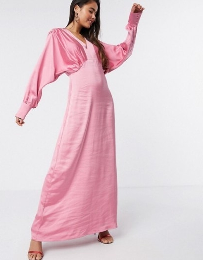 Y.A.S satin maxi dress with empire line and volume sleeve in pink / fluid fabric dresses
