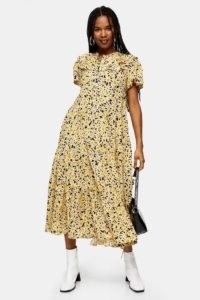 Topshop Yellow Daisy Grandad Midi Shirt Dress ~ floral tiered-hem dresses