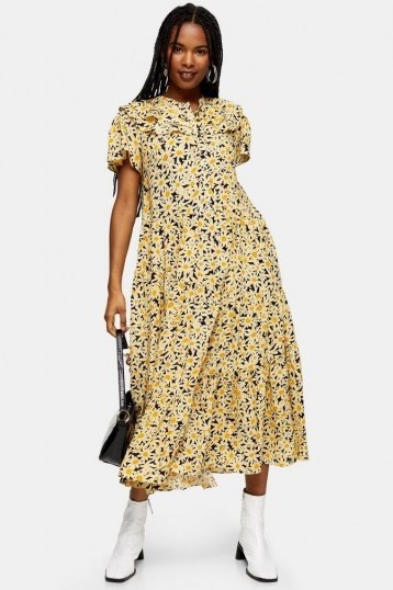 Topshop Yellow Daisy Grandad Midi Shirt Dress ~ floral tiered-hem dresses - flipped
