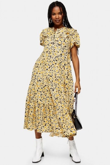 Topshop Yellow Daisy Grandad Midi Shirt Dress ~ floral tiered-hem dresses