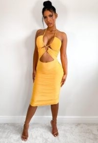 Missguided yellow slinky halter cut out ruched midaxi dress | cut-out halterneck dresses | glamorous going out fashion