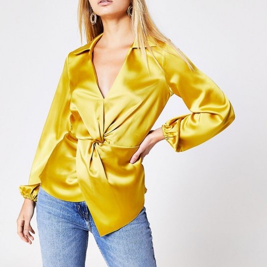River Island Yellow twist front shirt | asymmetric plunging shirts - flipped