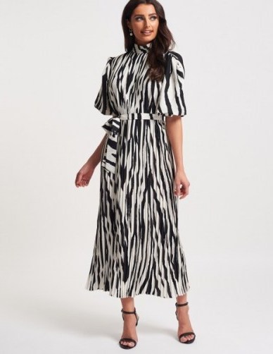 FOREVER UNIQUE Zebra Striped Short Sleeve Midi Dress / black and white stripes / monochrome dresses - flipped