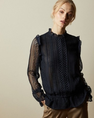 COMSEE Zip up lace top dark blue ~ frill trimmed sheer-sleeved tops - flipped