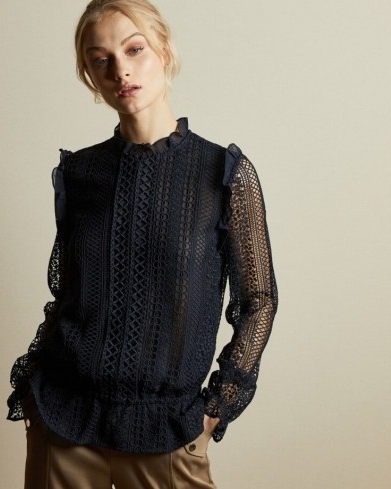 COMSEE Zip up lace top dark blue ~ frill trimmed sheer-sleeved tops