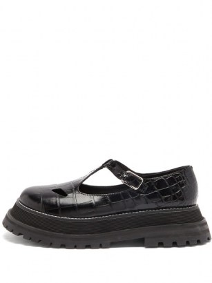 BURBERRY Aldwych crocodile-effect leather T-bar flats / croc embossed flat t-bar shoes / chunky sole - flipped