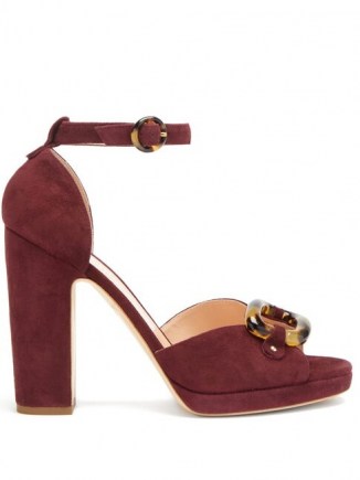 RUPERT SANDERSON Aletha tortoiseshell-buckle suede sandals in burgundy ~ block heel ankle strap sandal ~ vintage look high heels ~ retro shoes