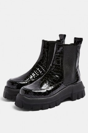 TOPSHOP ALPHA Black Crocodile Chunky Chelsea Boots / thick sole croc effect leather boot