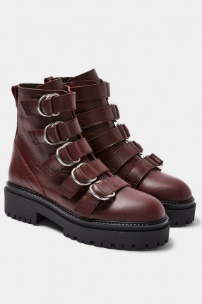 AQUARIUS Burgundy Chunky Leather Boots ~ dark red buckled ankle boot ~ thick sole footwear - flipped