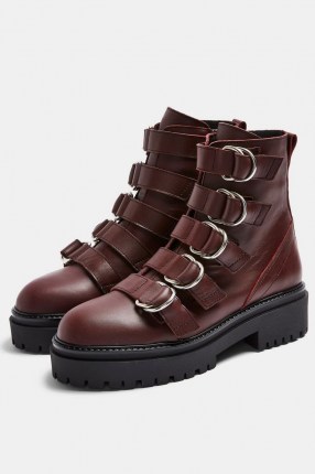 AQUARIUS Burgundy Chunky Leather Boots ~ dark red buckled ankle boot ~ thick sole footwear