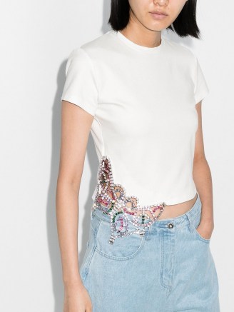 AREA crystal-embellished cotton T-shirt / luxe white crop hem tee - flipped