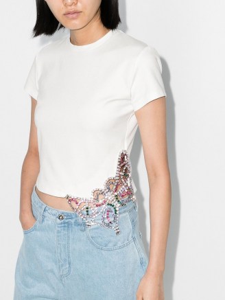 AREA crystal-embellished cotton T-shirt / luxe white crop hem tee