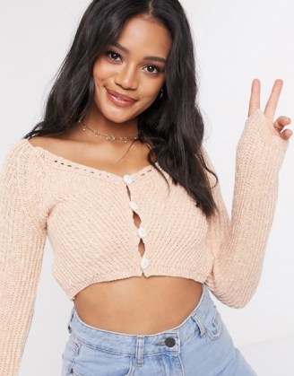 ASOS DESIGN crop cardigan in textured yarn in pink ~ cropped cardigans ~ cute cardi ~ stylish knits - flipped
