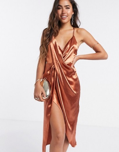 ASOS DESIGN drape front cami slip dress with strap back detail in terracotta | luxe looking evening wear | strappy satin look going out dresses