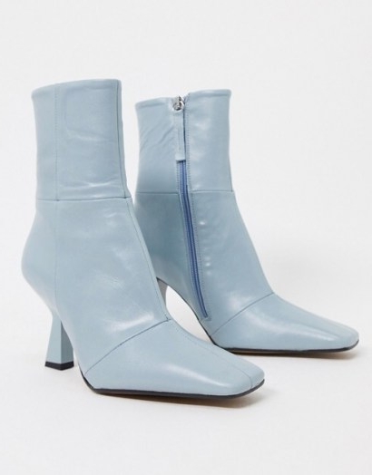 ASOS DESIGN Elodie premium leather square toe heeled boots in pale blue – side zip flared heel boots
