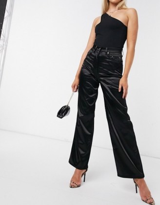ASOS DESIGN high rise ‘relaxed’ dad in black satin | going out trousers | party fashion - flipped