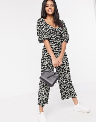 ASOS DESIGN jersey button front cupped tea culotte jumpsuit in dark based daisy / floral jumpsuits - flipped
