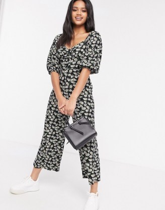 ASOS DESIGN jersey button front cupped tea culotte jumpsuit in dark based daisy / floral jumpsuits