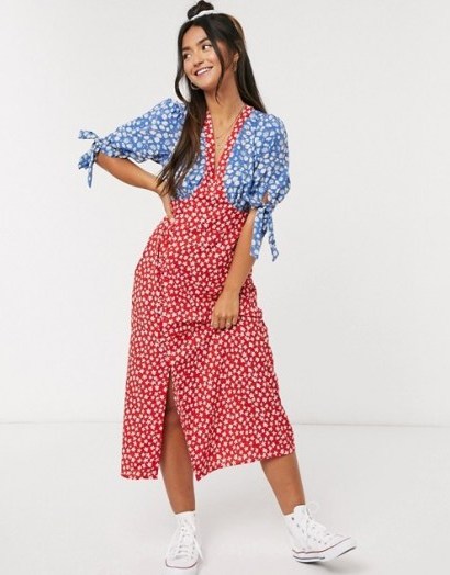 ASOS DESIGN midi tea dress with tie sleeves and buttons in mixed floral print / flower printed colour block dresses - flipped