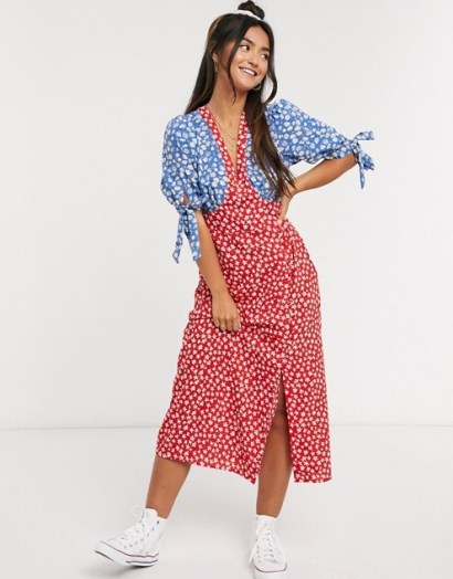 ASOS DESIGN midi tea dress with tie sleeves and buttons in mixed floral print / flower printed colour block dresses