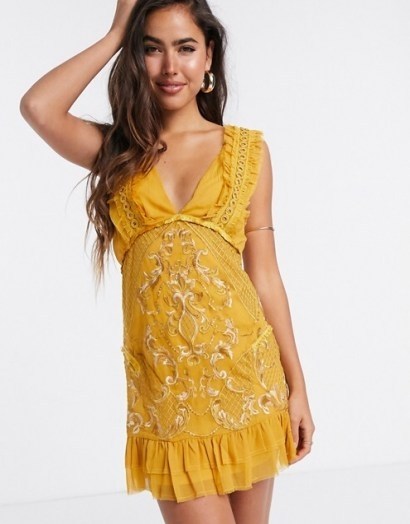 ASOS DESIGN mini dress with eyelet trim and embroidery in mustard | yellow deep plunge front dresses - flipped