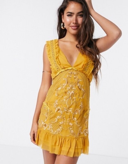 ASOS DESIGN mini dress with eyelet trim and embroidery in mustard | yellow deep plunge front dresses