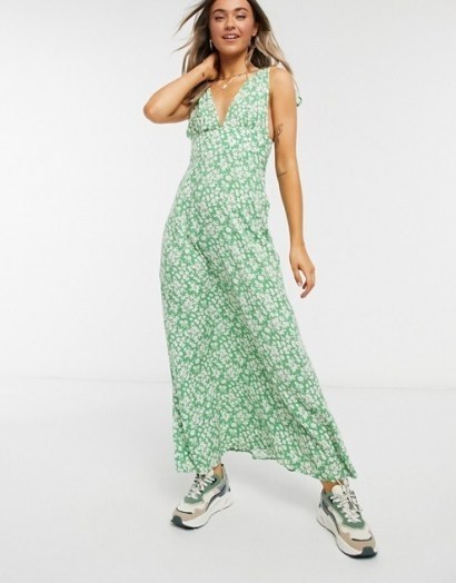 ASOS DESIGN plunge tie shoulder maxi dress in green based ditsy floral print / deep v-neck summer dresses - flipped