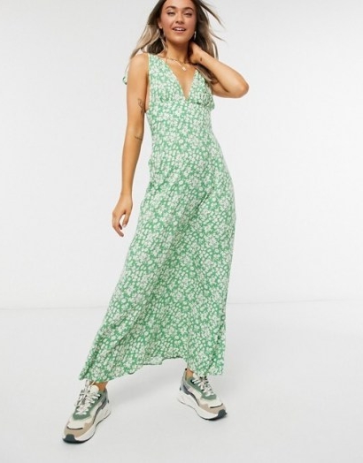 ASOS DESIGN plunge tie shoulder maxi dress in green based ditsy floral print / deep v-neck summer dresses