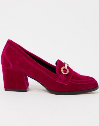 ASOS DESIGN Skylar mid-heeled loafers in berry velvet ~ plush pink block heel loafer - flipped