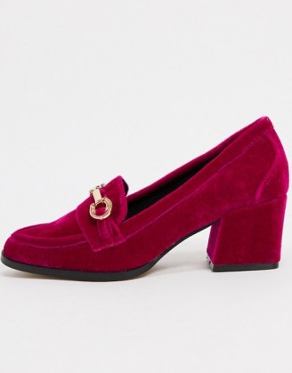 ASOS DESIGN Skylar mid-heeled loafers in berry velvet ~ plush pink block heel loafer