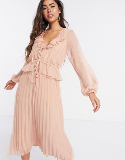 ASOS DESIGN soft pleated midi dress with drawstring waist and frills in blush | light pink ruffle trimmed dresses - flipped