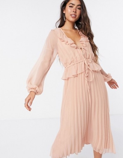 ASOS DESIGN soft pleated midi dress with drawstring waist and frills in blush | light pink ruffle trimmed dresses